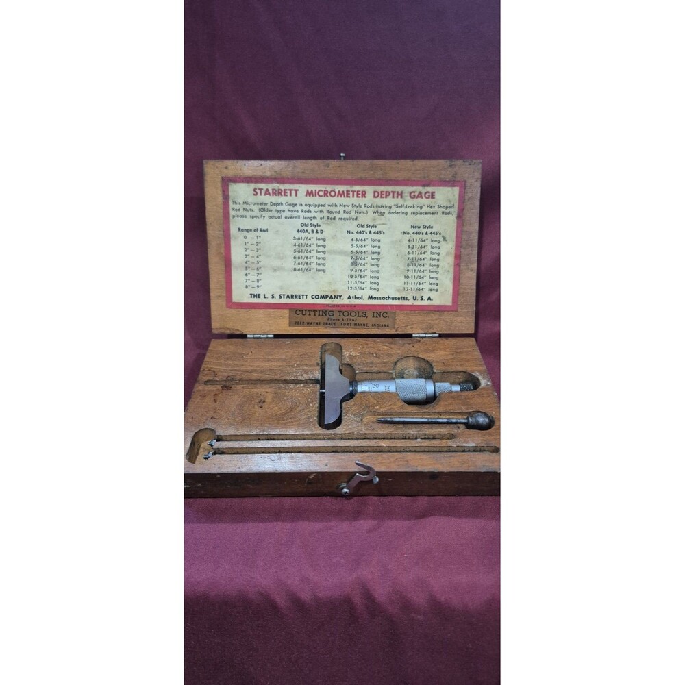 Vintage Starrett Model 445 Depth Micrometer Set Original Wood Box Chart EUC